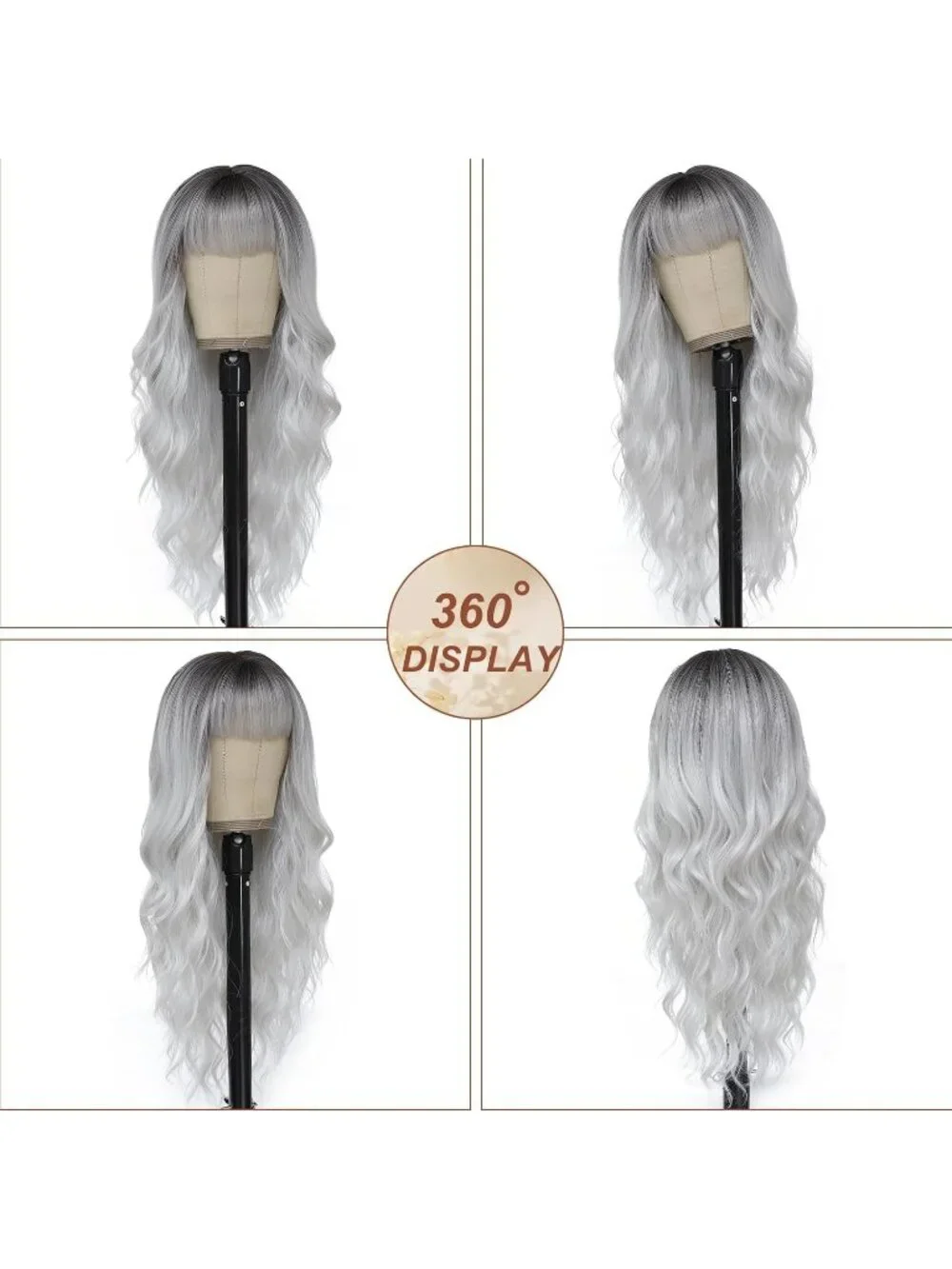 Women's Grey 26 Inch Natural Looking Heat Resistant Synthetic Wigs Bangs